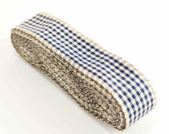 Decorative checkered ribbon - cream, blue, gold - width 2.5 cm