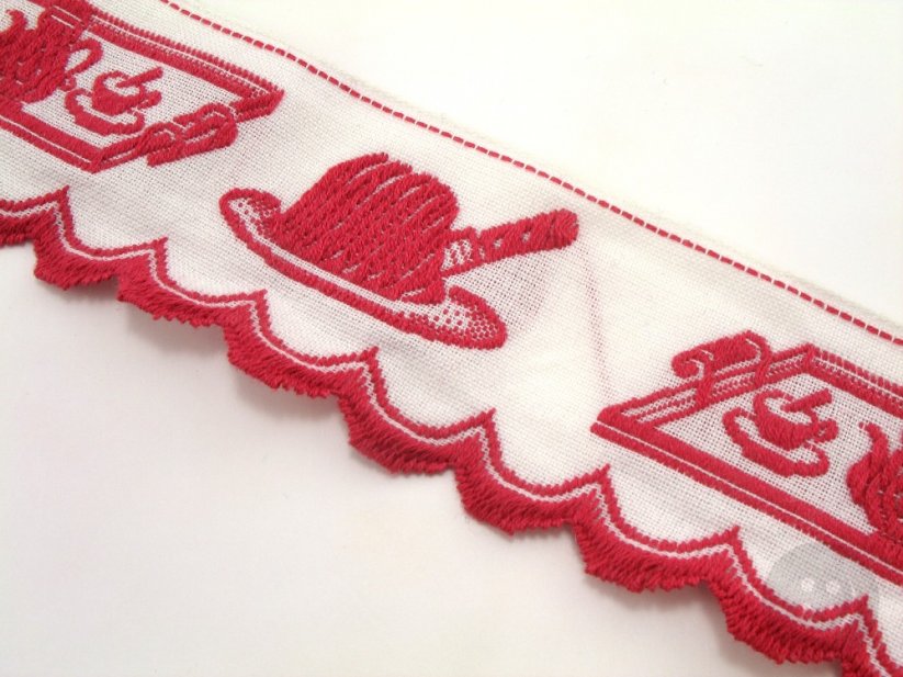 Embroidered decorative ribbon with kitchen pattern - red, white - width 1.5 cm
