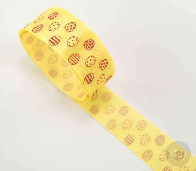 Satinband mit roten Eiern - gelb - Breite 2,5 cm
