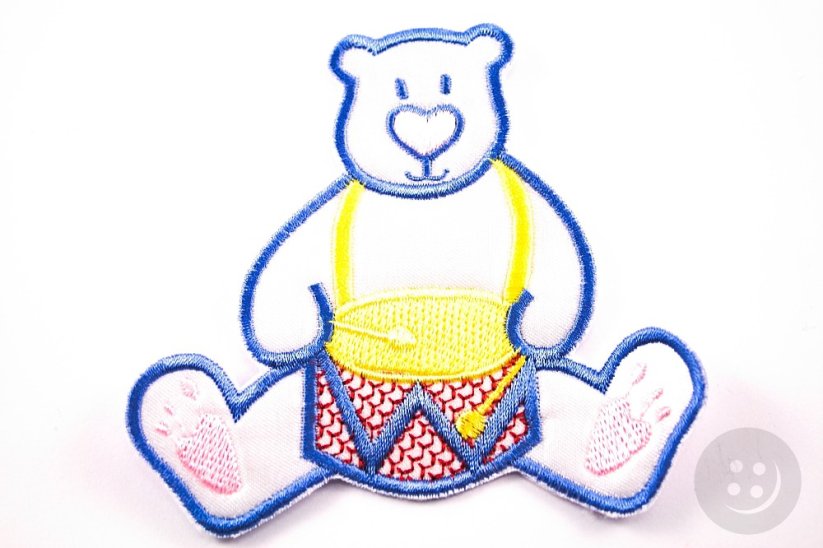 Našívacie záplata - Medvedík s bubnom - ružová, modrá, biela, žltá - rozmer 7 cm x 9 cm