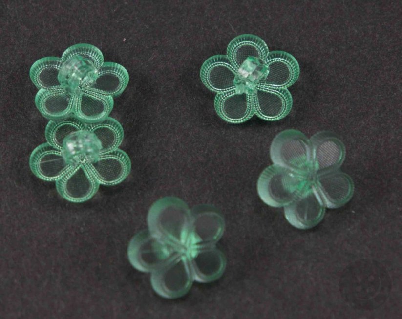 Dětský knoflík - zelená kytička - transparentní - průměr 1,3 cm