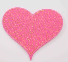 Nažehlovací záplata - růžové srdce se zlatou výšivkou - 7 x 7 cm