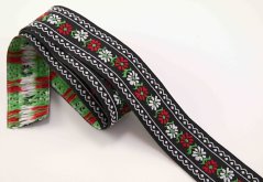 Festive ribbon - black with flowers and hearts with lace border - width 2.5 cm
