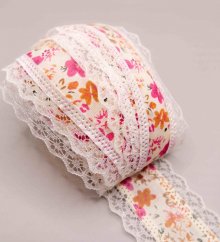 Ribbon with flowers decorated with lace - cream, pink, orange - width 4.5 cm