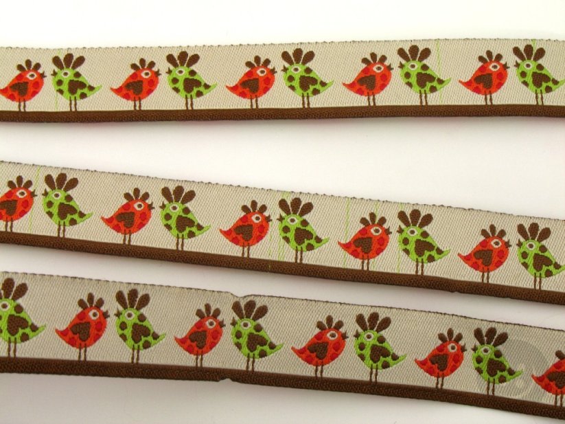 Decorative ribbon with birds- red, green, brown, ecru - width 1.6 cm