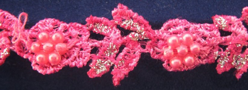Leonský prýmek s korálky - růžová, stříbrná - šíře 1,8 cm